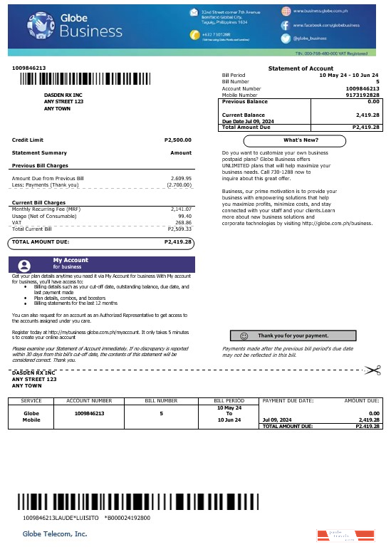 Philippines Globe Business business utility bill template in Word and PDF formats